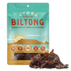 Ayoba Premium Grass Fed Beef Biltong. Traditional Flavor, Portable High Protein Snack.