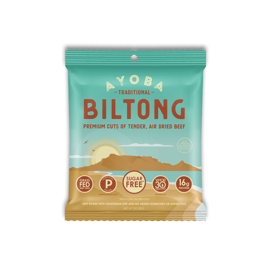 Ayoba Premium Grass Fed Beef Biltong. Traditional Flavor. Paleo & Keto Certified, Whole30 Approved High Protein Snack.