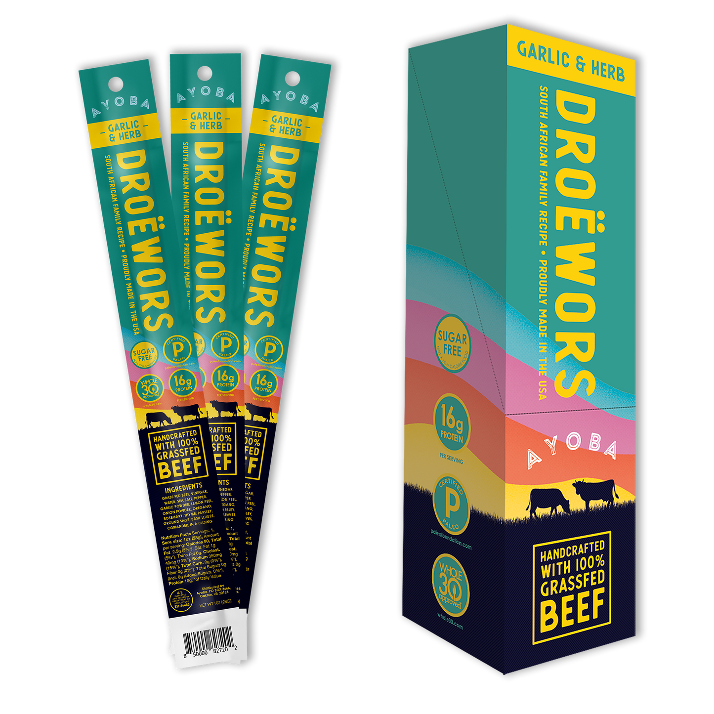 Ayoba Droewors are Grass Fed Beef Sticks with No Sugar and More Protein. Portable Snack in Bulk Format. Garlic & Herb Flavor.