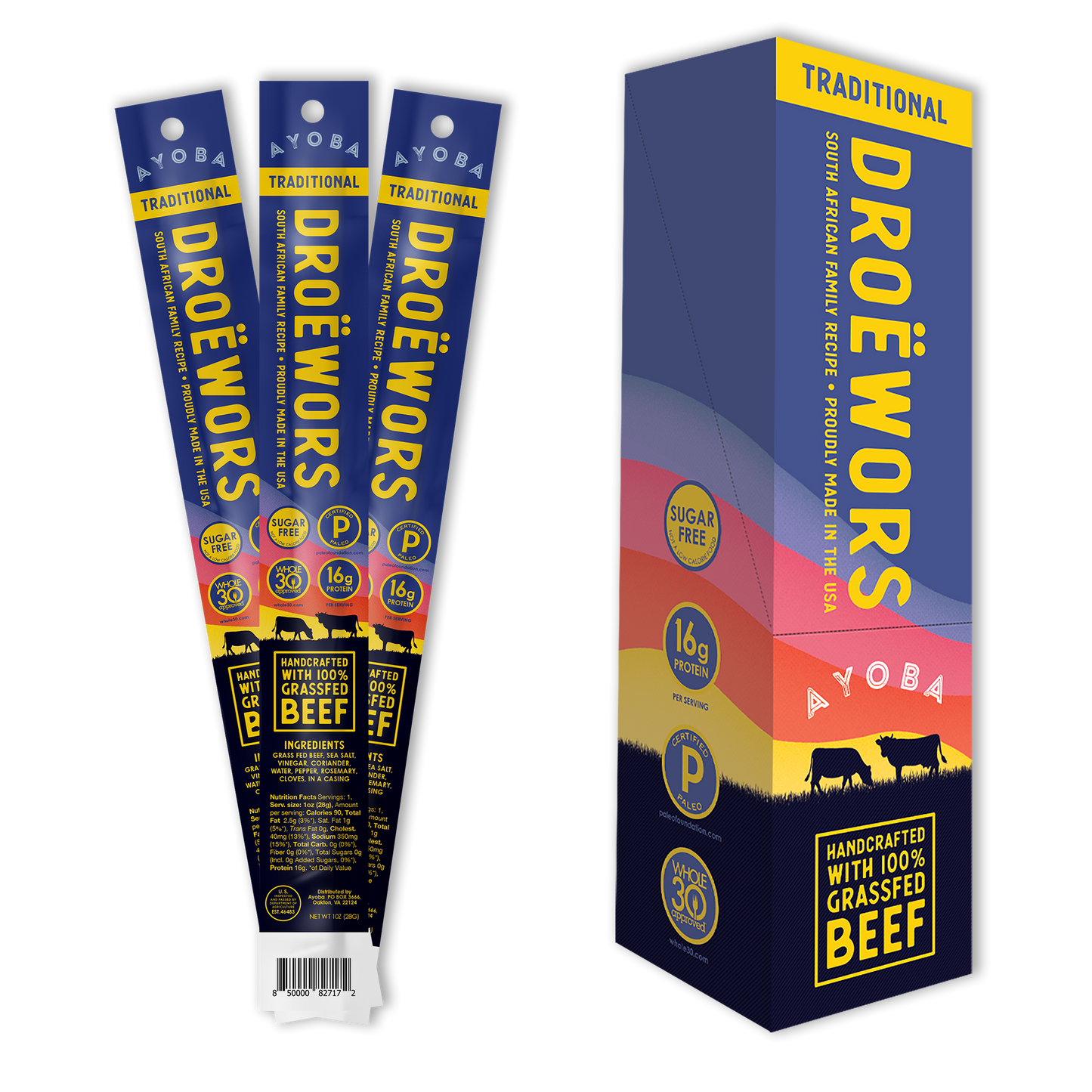 Ayoba Droewors are Grass Fed Beef Sticks with No Sugar and More Protein. Portable Snack in Bulk Format. Traditional South African Recipe.