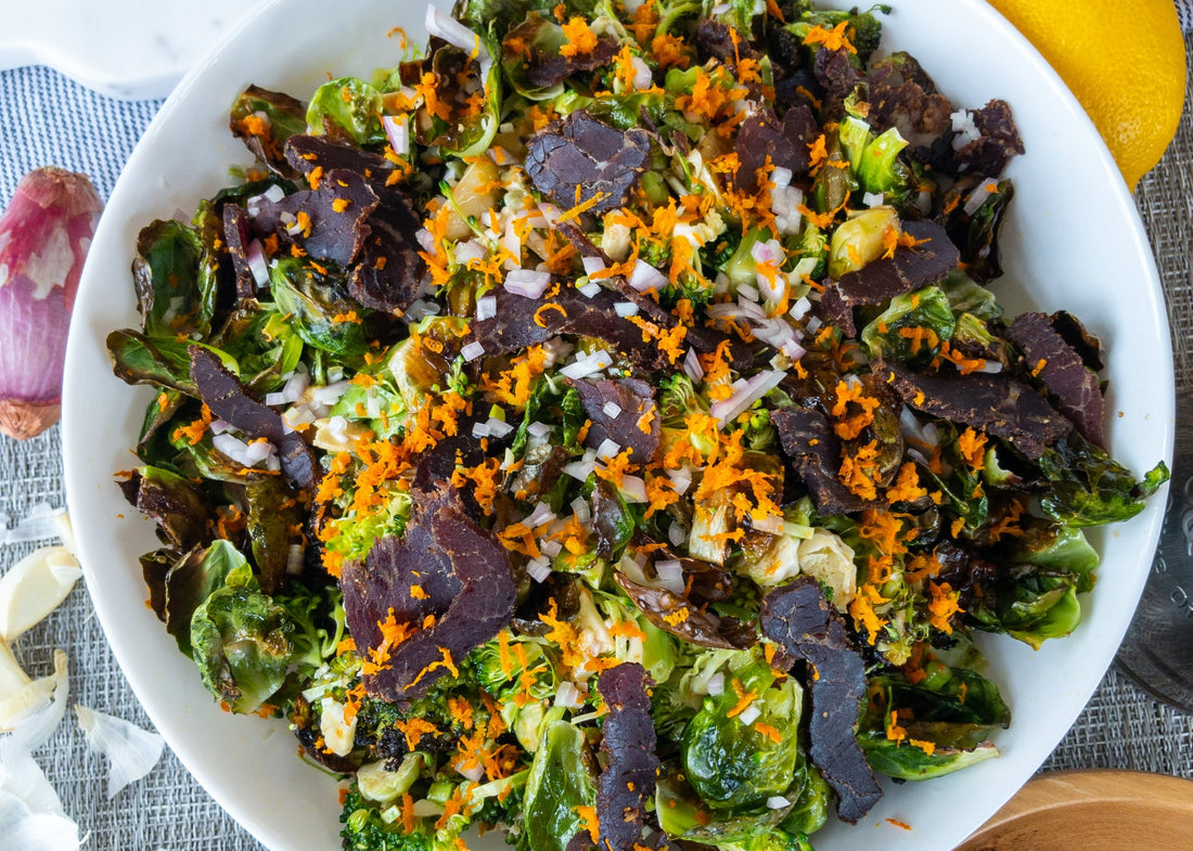 Roasted Brussels with Orange Ayoba Biltong Vinaigrette