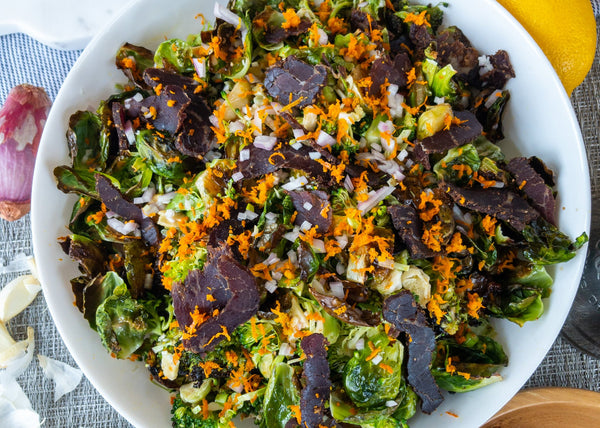 Roasted Brussels with Orange Ayoba Biltong Vinaigrette