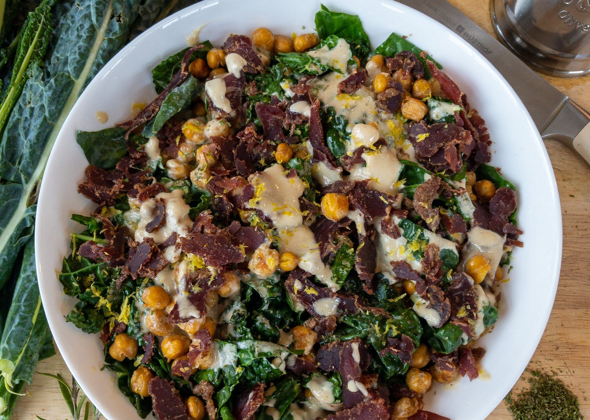 Roasted Chickpea and Kale Salad with Ayoba Rosemary Truffle Biltong