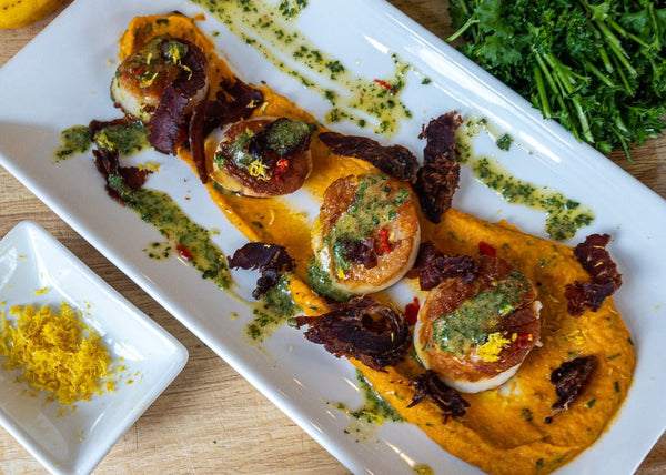 Seared Scallops w/ Biltong & Sweet Potato Mash