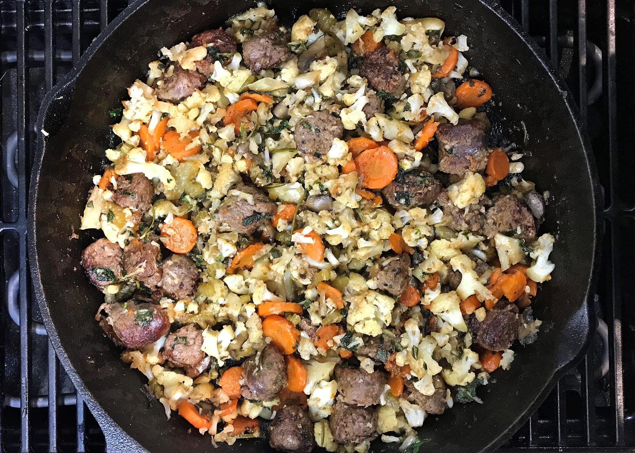 Cauliflower Stuffing with Boerewors in Skillet