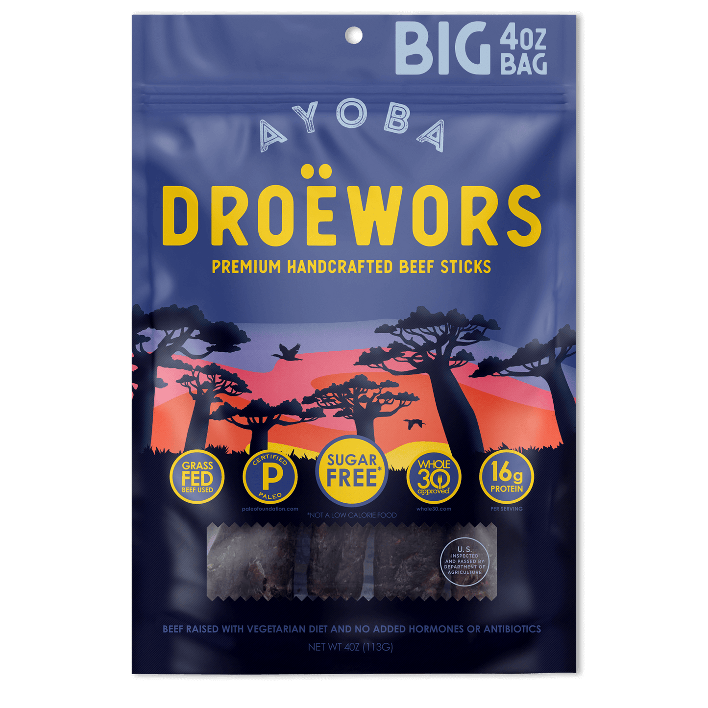 Ayoba Droewors Grass Fed Beef Sticks. Keto Meat Stick 4 oz Bulk Bag.