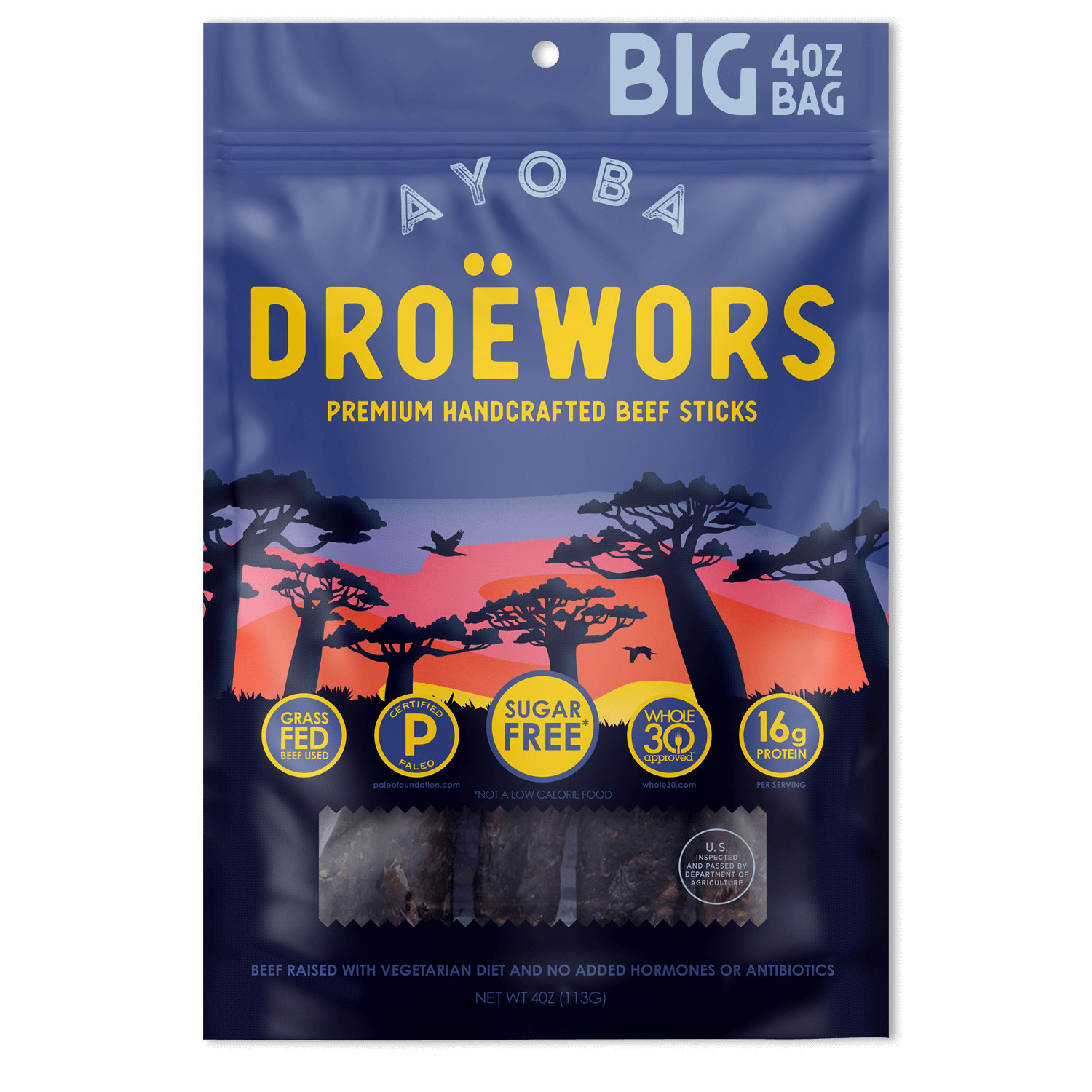 Ayoba Droewors Grass Fed Beef Sticks. Keto Meat Stick 4 oz Bulk Bag.