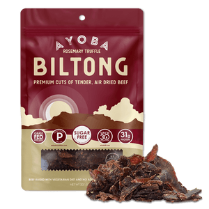 Ayoba Premium Grass Fed Beef Biltong. Award Winning Rosemary Truffle Flavor. Paleo & Keto Certified, Whole30 Approved High Protein Snack.