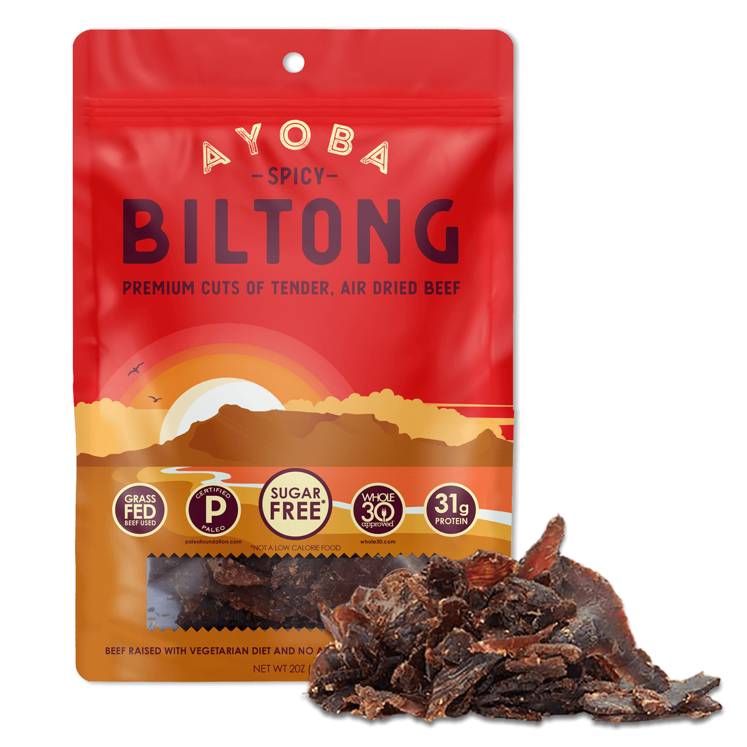 Ayoba Premium Grass Fed Beef Biltong. Spicy Flavor. Paleo & Keto Certified Portable High Protein Snack