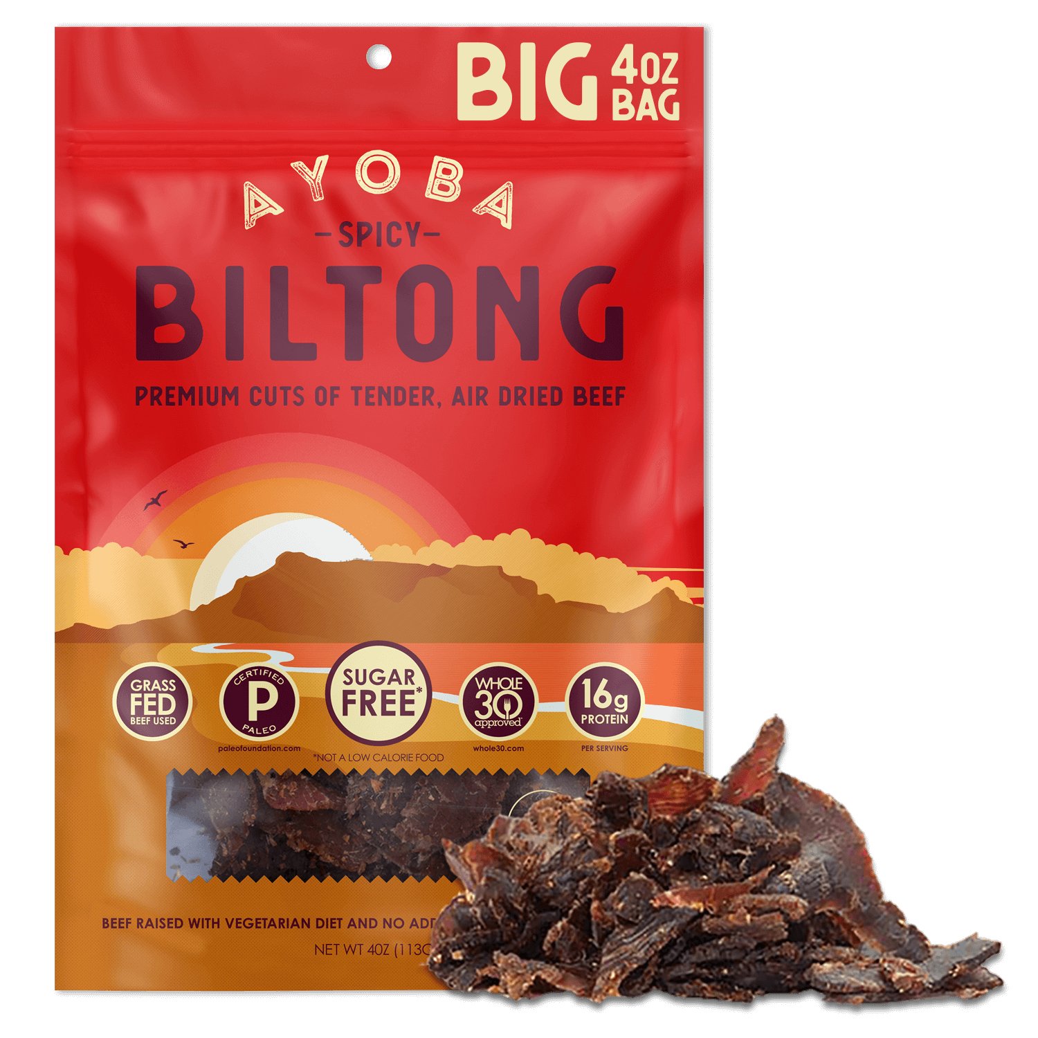 Ayoba Premium Grass Fed Beef Biltong. Spicy Flavor. Paleo & Keto Certified, Whole30 Approved High Protein Snack.