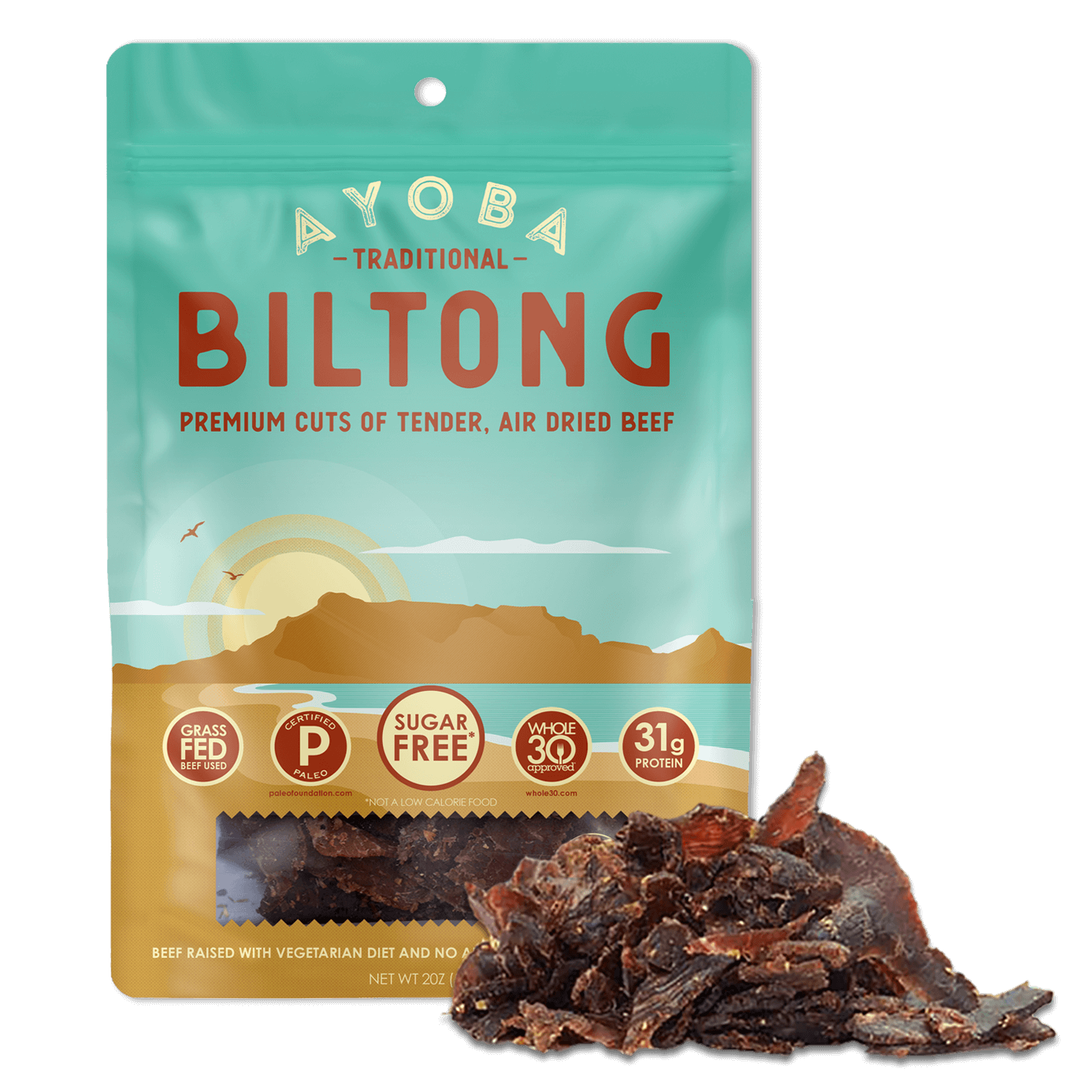 Ayoba Premium Grass Fed Beef Biltong. Traditional Flavor, Portable High Protein Snack.