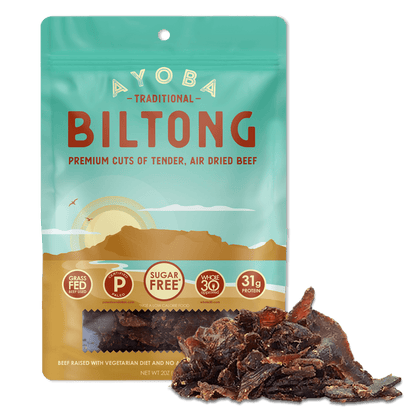 Ayoba Premium Grass Fed Beef Biltong. Traditional Flavor, Portable High Protein Snack.