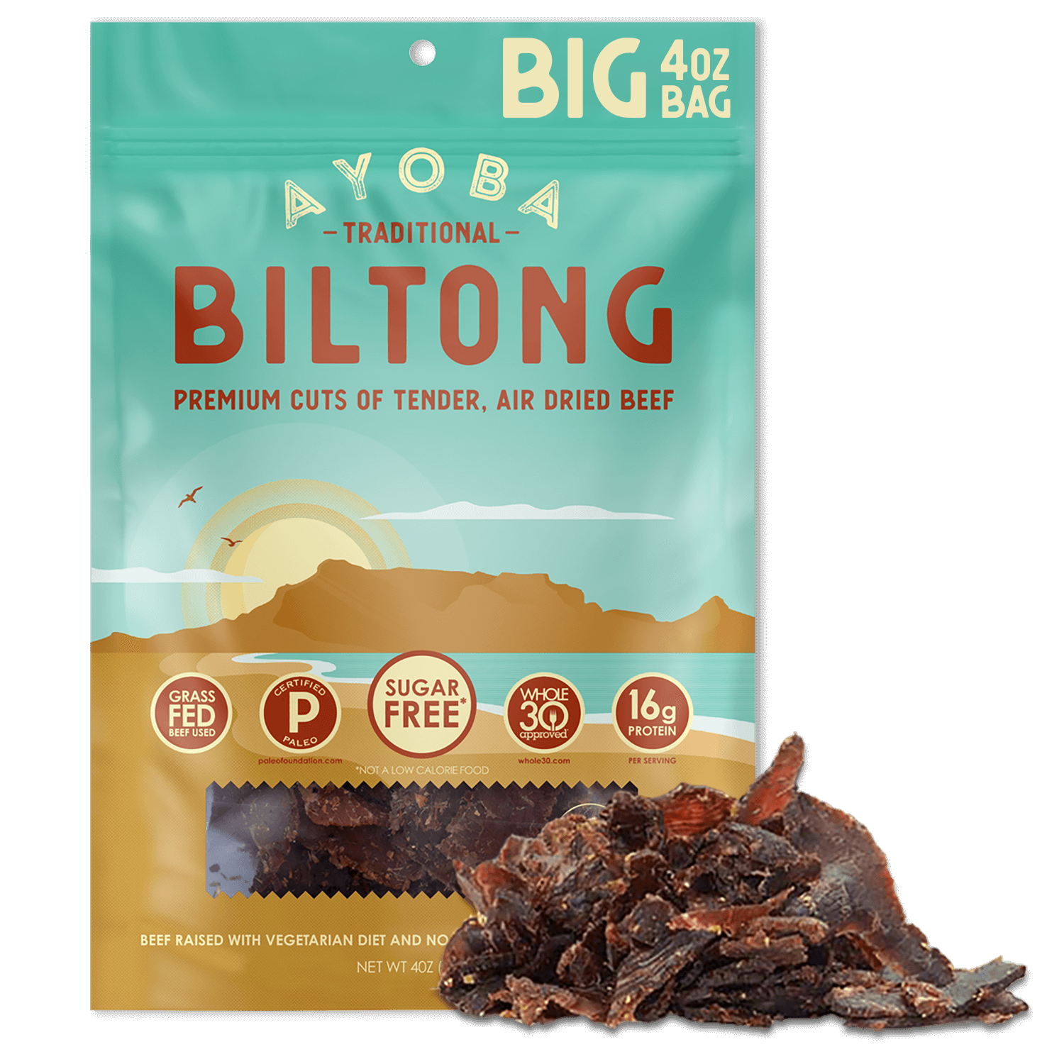 Ayoba Premium Grass Fed Beef Biltong. Traditional Flavor. Paleo & Keto Certified, Whole30 Approved High Protein Snack.