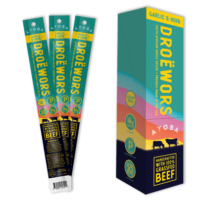 Ayoba Droewors are Grass Fed Beef Sticks with No Sugar and More Protein. Portable Snack in Bulk Format. Garlic & Herb Flavor.