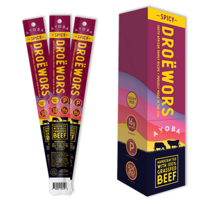 Ayoba Droewors are Grass Fed Beef Sticks with No Sugar and More Protein. Portable Snack in Bulk Format. Spicy Flavor.